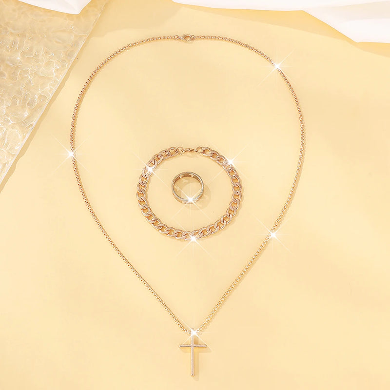 Men's 3pcs Fashion Alloy Jewelry Set - Cross Pendant Necklace, Bracelet & Ring Combo